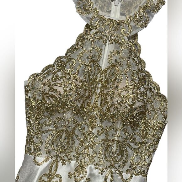 Xscape Embellished Embroidered Mikado Party Dress White Gold Size 2 EUC - Picture 4 of 15